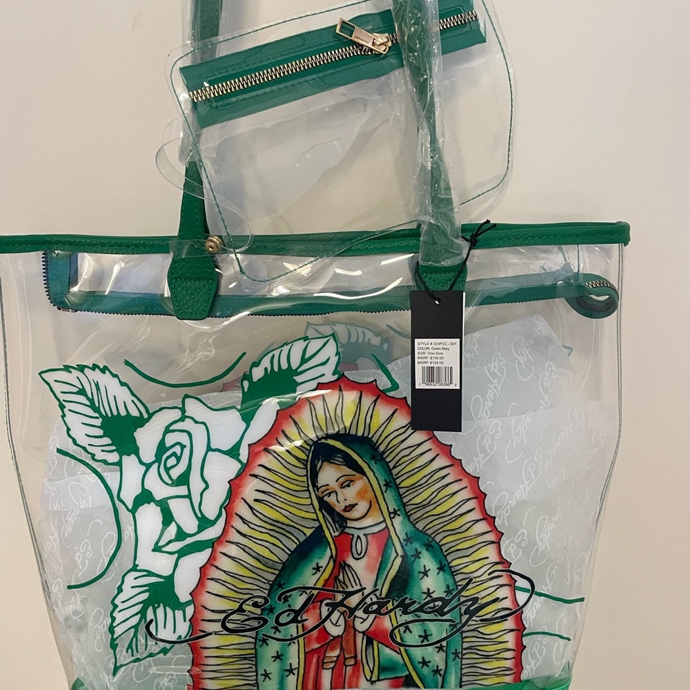 Ed Hardy Green Transparent Tote with Iconic Print